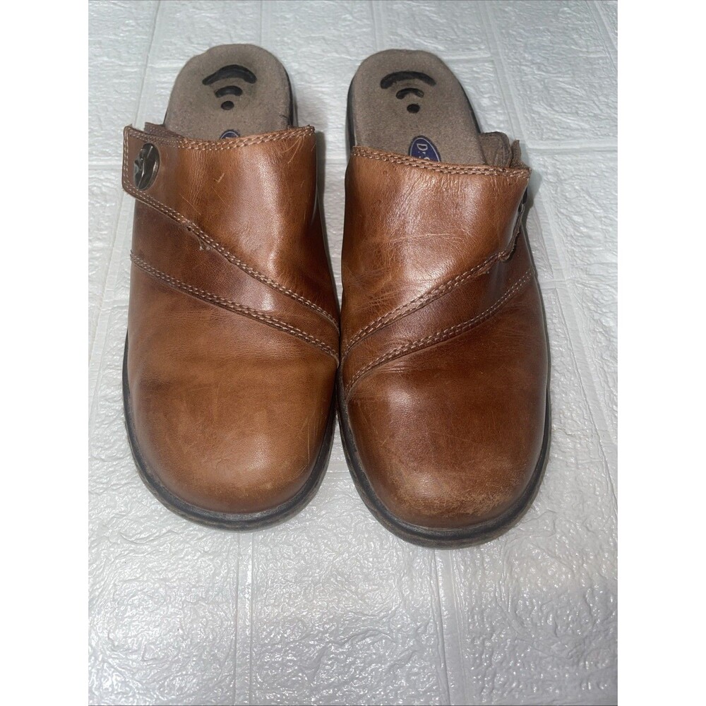 DR SCHOLLS Comfort Gel Pac Button Strap Mule Clog Slides Brown Leather Size 8